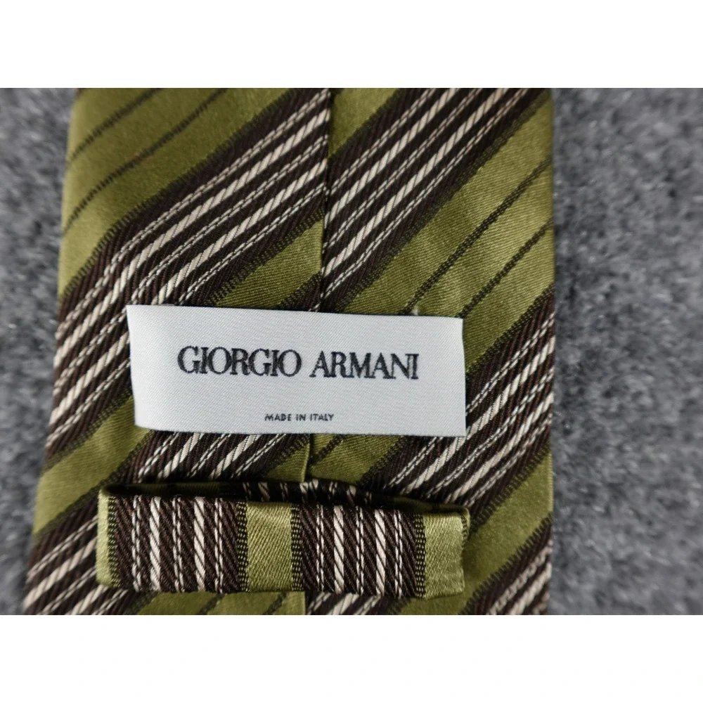 Giorgio Armani Necktie Mens‎ OS Olive Green Good Striped Silk Made in Italy